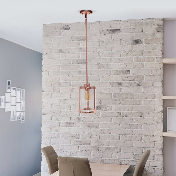 1-Light 9.25 Adjustable Hanging Cylindrical Clear Glass Pendant With Metal Accents, Rose Gold